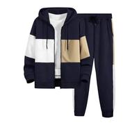 Ybing Tuta sportiva da uomo, 2 pezzi, con blocco di colore, patchwork, cerniera + set da jogging, elegante, per il tempo libero con chiusura lampo, comoda felpa da jogging, in cotone caldo, Blu marino