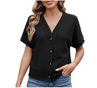 Ybing Waffle Cardigan da donna in tinta unita, a maniche corte, con bottoni, con scollo a V, elegante, per l'estate e il tempo libero, Nero , XXL