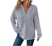 Ybing Waffle Felpa con cappuccio da donna, casual, tinta unita, con cappuccio, bottoni, scollo a V, felpa con cappuccio, leggera, maglione sottile, a maniche lunghe, streetwear, grigio., L