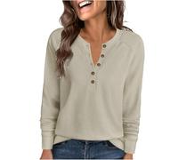 Ybing Waffle Pullover da donna, casual, tinta unita, senza cappuccio, con scollo rotondo, con bottoni, spalle sovrapposte, maniche lunghe, autunno, inverno, a maniche lunghe, top per ragazze, beige
