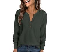 Ybing Waffle Pullover da donna, casual, tinta unita, senza cappuccio, con scollo rotondo, con bottoni, spalle sovrapposte, maniche lunghe, autunno, inverno, a maniche lunghe, top per ragazze, verde