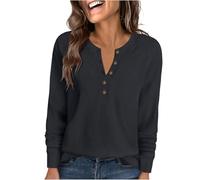 Ybing Waffle Pullover da donna, casual, tinta unita, senza cappuccio, con scollo rotondo, con bottoni, spalle sovrapposte, maniche lunghe, autunno, inverno, a maniche lunghe, top per ragazze, grigio