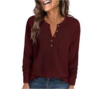 Ybing Waffle Pullover da donna, casual, tinta unita, senza cappuccio, con scollo rotondo, con bottoni, spalle sovrapposte, maniche lunghe, autunno, inverno, a maniche lunghe, top per ragazze, Colore