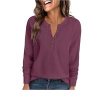 Ybing Waffle Pullover da donna, casual, tinta unita, senza cappuccio, con scollo rotondo, con bottoni, spalle sovrapposte, maniche lunghe, autunno, inverno, a maniche lunghe, top per ragazze, Colore