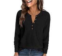 Ybing Waffle Pullover da donna, casual, tinta unita, senza cappuccio, con scollo rotondo, con bottoni, spalle sovrapposte, maniche lunghe, autunno, inverno, a maniche lunghe, top per ragazze, Nero , M