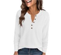 Ybing Waffle Pullover da donna, casual, tinta unita, senza cappuccio, con scollo rotondo, con bottoni, spalle sovrapposte, maniche lunghe, autunno, inverno, a maniche lunghe, top per ragazze, bianco