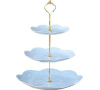 YBK Tech - Alzata in porcellana a 3 ripiani, per torte con motivo in pizzo goffrato, colore: blu, asta dorata)
