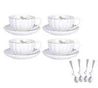 YBK Tech Set di 4 tazze da caffè con ape, tazza e piattino, 255,1 ml, con piattino, per la festa del tè in casa, colore: bianco