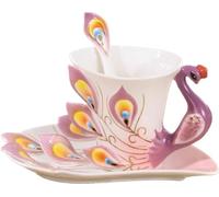 YBK Tech - Set di tazze da caffè in ceramica con motivo a pavone e piattino, colore: viola