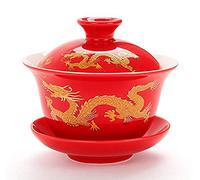 YBK Tech Tazza da tè e piattino in porcellana Kung Fu con coperchio, set da tè tradizionale cinese Gaiwan Sancai con motivo dragone (rosso)