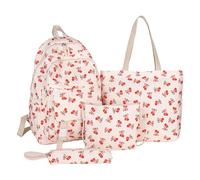 YBNKKUXKN Zaino 4 PCS Set Cherry Backpacks con Borsa da Pranzo Carino per Il Computer Portatile della Scuola per Le Donne Borsa Impermeabile Cartella(Wit)