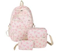 YBNKKUXKN Zaino Zaino con Fiocco, Set da 3 Pezzi, con Borsa for Il Pranzo e Astuccio, Grazioso Zaino da Viaggio in Stile Preppy Casual Cartella(Roze)