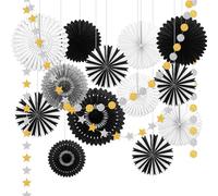 YBwanli Decorazioni Capodanno 2025-Ventagli di Carta in Bianco e Nero,Ghirlanda Oro Glitter*2,addobbi capodanno 2025,YBwanl Ti auguro un felice anno nuovo e tutto il meglio
