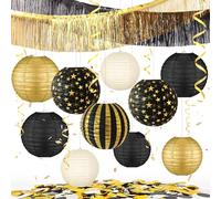 YBwanli Set di decorazioni per compleanni 16 pezzi in nero e oro, tra cui lanterne nere e oro e tende con nappe in metallo, adatte per compleanni, Capodanno, matrimoni e cerimonie di laurea