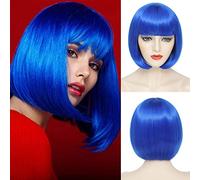 YBYMCAI Parrucca a caschetto blu con frangia parrucche corte blu per le donne parrucca dritta Bob frangia parrucca 10 pollici capelli sintetici resistenti al calore dall'aspetto naturale per l'uso