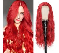 YBYMCAI Parrucca rossa - Parrucca lunga ondulata rossa da donna, con riga centrale rossa, 66 cm, parrucca sintetica riccia naturale, resistente al calore, per uso quotidiano e feste