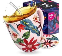 YC YANG CHAI Jumbotazza 900 ml - grande tazza da tè in porcellana di ossa - set di tazze XXL con sottobicchiere - tazza da caffè gigante tazza bevanda enorme - YC Sunflower