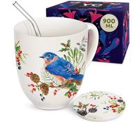 YC YANG CHAI Jumbotazza 900 ml - Tazze da Tè in Porcellana di Ossa - Set XXL con Sottobicchiere - Mug Grande, Tazza Colazione - YC Suni Birds
