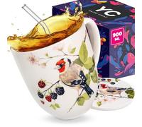 YC YANG CHAI Jumbotazza 900 ml - Tazze da Tè in Porcellana di Ossa - Set XXL con Sottobicchiere - Mug Grande, Tazza Colazione - YC Berry Birdy