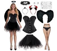 Ycaaeo Angelo Nero Costume,Costume Diavolo Donna con Corsetto Sexy,Aureola Angelo e Corna da Diavolo,Ali Nere,Gonna in Tulle per Halloween Carnevale Cosplay (M)