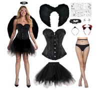 Ycaaeo Angelo Nero Costume,Costume Diavolo Donna con Corsetto Sexy,Aureola Angelo e Corna da Diavolo,Ali Nere,Gonna in Tulle per Halloween Carnevale Cosplay