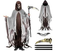 Ycaaeo Costume da Fantasma Spettrale di Halloween,Spaventoso Mantello da Triste Mietitore con Cappuccio,Veste Strappata con Tatuaggio di Falce per Cosplay di Carnevale di Halloween