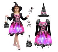Ycaaeo Costume da Strega Bambini, LED Abito da Strega, Vestito STRega Bambina, con Cappello, Bacchetta e Sacchetto di Caramelle, Costume da Carnevale di Halloween e Cosplay (120)