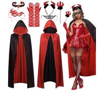 Ycaaeo Costume Diavolo Donna Mantello,Vestito Diavolo Donna con Forchetta da Diavolo,Cerchietto da Diavolo,Corna del Diavolo,Guanti Lunghi in Pizzo,Diavolo Costume da Donna per Halloween Carnevale