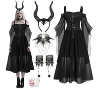 Ycaaeo Costume Malefica Donna - Costume Rinascimentale da Donna - Corna da Malefica - Collana e Braccialetti Gotici - 10 Cicatrici Finte Tatuaggi - Vestito Malefica per Halloween,Carnevale Cosplay