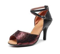 YCALCP Scarpe da Ballo Donna Latino con Tacco Punta Aperta Scarpe per Il Tango Kizomba ChaCha Professionale,FT113-Burgundy-8,EU 35