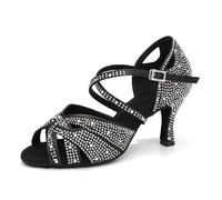 YCALCP Scarpe da ballo latino da donna, in raso, con strass, professionali, Bachata, Performance, Salsa, scarpe da ballo, modello L388, nero, 38 EU