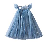 YCBMINGCAN Abito in tulle, da principessa, per bambini, con maniche svasate, schiena da legare, paillettes e motivo a pois, elegante abito da festa per matrimonio e compleanno, Blu, 3-4 Anni