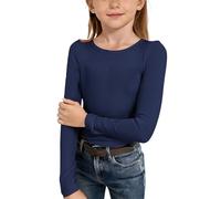 YCBMINGCAN Maglietta a maniche lunghe in cotone per bambini, a coste, a maniche lunghe, in tinta unita, elasticizzata, girocollo, per carnevale, asilo, scuola, primavera, #2-blu marino, 11-12 Anni