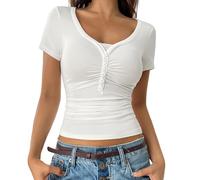 YCBMINGCAN Maglietta da donna a maniche corte, scollo a V, estiva con pizzo, Y2K, vintage, basic, maglia a coste, tinta unita, slim fit, per il tempo libero, camicia senza pancia, tunica top per