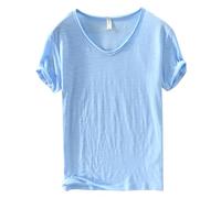 YCBMINGCAN Maglietta estiva da uomo, con scollo a V, a maniche corte, slim fit, per il tempo libero, camicetta, Celeste., XL