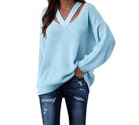 YCBMINGCAN Maglione da donna con scollo a V, oversize, maglione autunnale, sexy, a maniche lunghe, maglione invernale elegante, Blu, XL