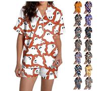 YCBMINGCAN Pigiama da donna corto e dolce, pigiama da Halloween con stampa fantasma, due pezzi come comodo set lounge, biancheria da notte per donne, #01-arancione, XS