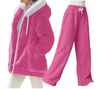 YCBMINGCAN Pigiama da donna invernale soffice, set 2 pezzi con felpa con cappuccio e pantaloni, caldo secondo pezzo in pile effetto teddy, pigiama da donna per il tempo libero a gamba larga, rosa
