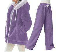 YCBMINGCAN Pigiama da donna invernale soffice, set 2 pezzi con felpa con cappuccio e pantaloni, caldo secondo pezzo in pile effetto teddy, pigiama da donna per il tempo libero a gamba larga, Lilla