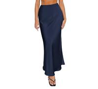 YCBMINGCAN Primavera Estate Gonne Raso a Vita Alta Maxi Cocktail Party Matrimonio A Linea Gonne Lunghe Cordino Gonne Donna, Blu marino, X-Small