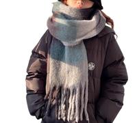 YCBMINGCAN Sciarpa da donna tessuta con motivo a quadri colorati e frange lunghe e spesse, calda sciarpa blu invernale da donna, grigio., Taglia unica