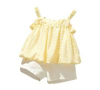 YCBMINGCAN Set di abbigliamento estivo da ragazza, set da 2 pezzi, top a righe e pantaloni corti, comodo per il tempo libero, per le vacanze, la spiaggia e il gioco quotidiano all'aperto, giallo., 3-4