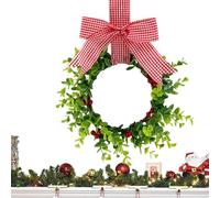 ycezw Corona natalizia per porta, corona natalizia con fiocco | Corona natalizia per porta d'ingresso da 11,81 pollici con fiocco a quadri, frutti rossi, decorazioni natalizie per interni e interni