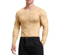 YCHSXAIZ T-Shirt a Maniche Lunghe del Collo a V Floreale degli Uomini con Liscio e Vedere Attraverso Il Tessuto per la Vacanza Beach Club Wear Color Albicocca Size S