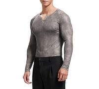 YCHSXAIZ T-Shirt a Maniche Lunghe del Collo a V Floreale degli Uomini con Liscio e Vedere Attraverso Il Tessuto per la Vacanza Beach Club Wear Color Grigio Size S