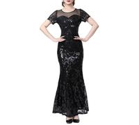 YCHUCH Abito elegante da donna a maniche corte in rete scintillante, abito formale con paillettes impreziosito per cerimonie nuziali Abito da sera in rete scintillante, Nero , L