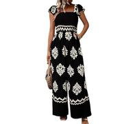 YCHUCH Tuta senza maniche con volant e punto smock per donna Bohemian stampata gamba larga pantaloni lunghi tuta tuta allentata pagliaccetto con tasche elastico in vita Palazzo Pantsuit, Nero , S
