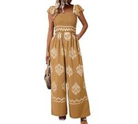 YCHUCH Tuta senza maniche con volant e punto smock per donna Bohemian stampata gamba larga pantaloni lunghi tuta tuta allentata pagliaccetto con tasche elastico in vita Palazzo Pantsuit, cachi, S