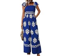 YCHUCH Tuta senza maniche con volant e punto smock per donna Bohemian stampata gamba larga pantaloni lunghi tuta tuta allentata pagliaccetto con tasche elastico in vita Palazzo Pantsuit, Blu, L