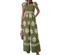 YCHUCH Tuta senza maniche con volant e punto smock per donna Bohemian stampata gamba larga pantaloni lunghi tuta tuta allentata pagliaccetto con tasche elastico in vita Palazzo Pantsuit, Verde, XL